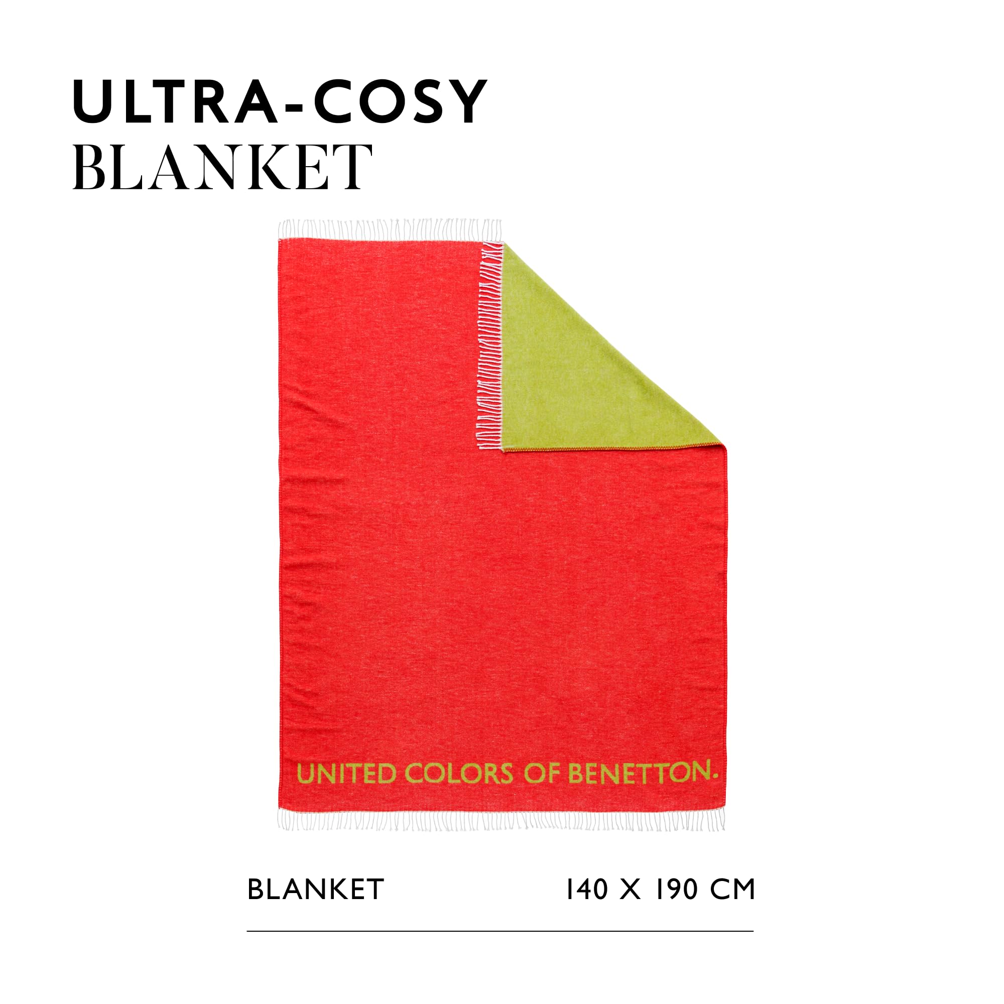 UNITED COLORS OF BENETTON Decke, 140 x 190 cm, 320 g/m², 60% Baumwolle, 40% Acryl, Rot und Grün, Regenbogenfarben