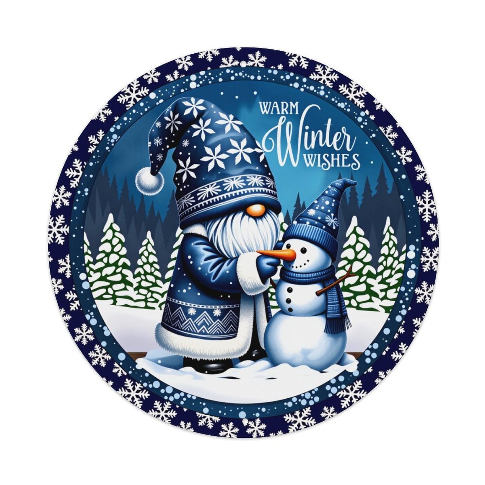 Snowman Gnome Winter Scene Snowflake Round Tin Sign Vintage Metal Poster Retro Bar, Home, Man Cave, Kitchen, Laundry Room Wall Art Decor Gift 8x8In