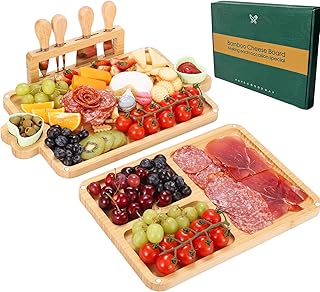 Charcuterie Boards,Bamboo Cheese Board with Magnetic Knives Holder,House Warming Gifts New Home,Wedding Gift for Couple,Birthday Gift for Women Mom,Meat Fruit Serving Tray Platter,2 Piece
