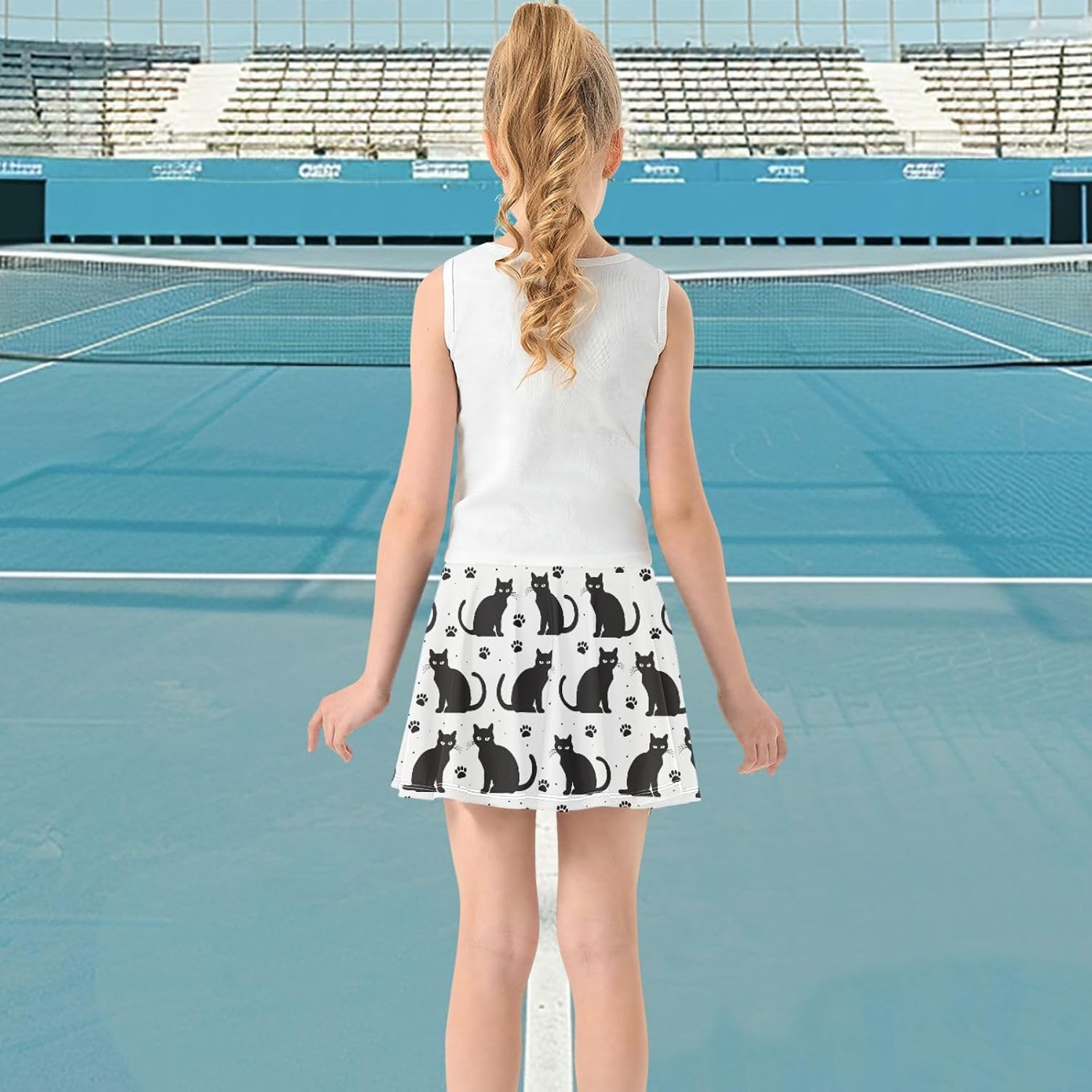 visesunny Halloween Cat Silhouette Girl's Golf Skirt Athletic Tennis Skort Sport Activewear with Double Layer Pockets