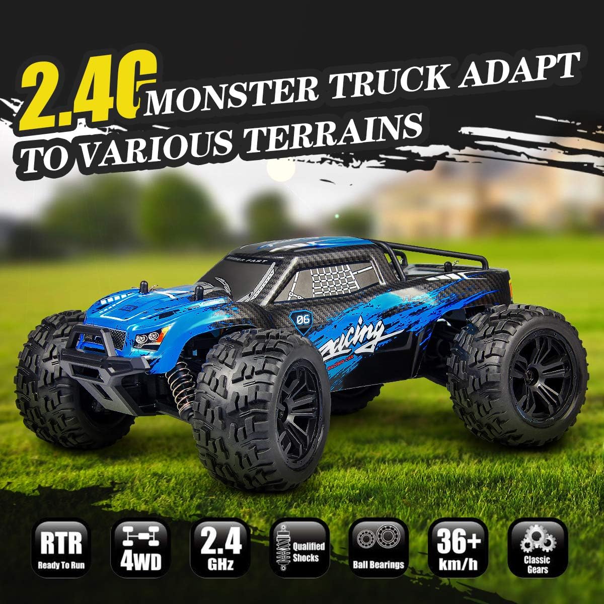 Hosim 1:16 Scale Electric Remote Control Car, 4WD 36+ kmh High Speed All Terrain Off-Road Buggy Monster Truck,Radio 2.4GHz 4x4 RC Cars Trucks Vehicle -Waterproof Toys Trucks Cars for Kids and Adults