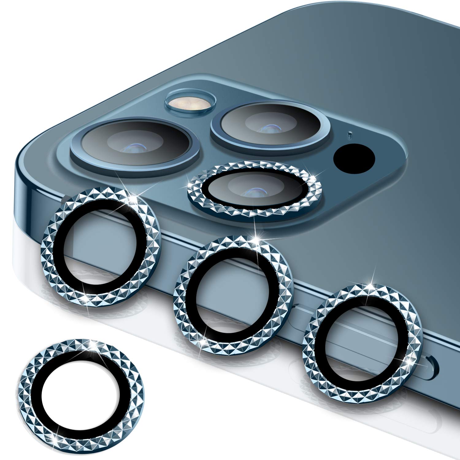 WSKEN[3+1] for iPhone 12 Pro Max Camera Lens Protector,[Diamond Series] Luxury Aluminum Alloy Metal Frame Lens Cover [Strong Adhere] Screen Protection Case - Diamond Pacific Blue