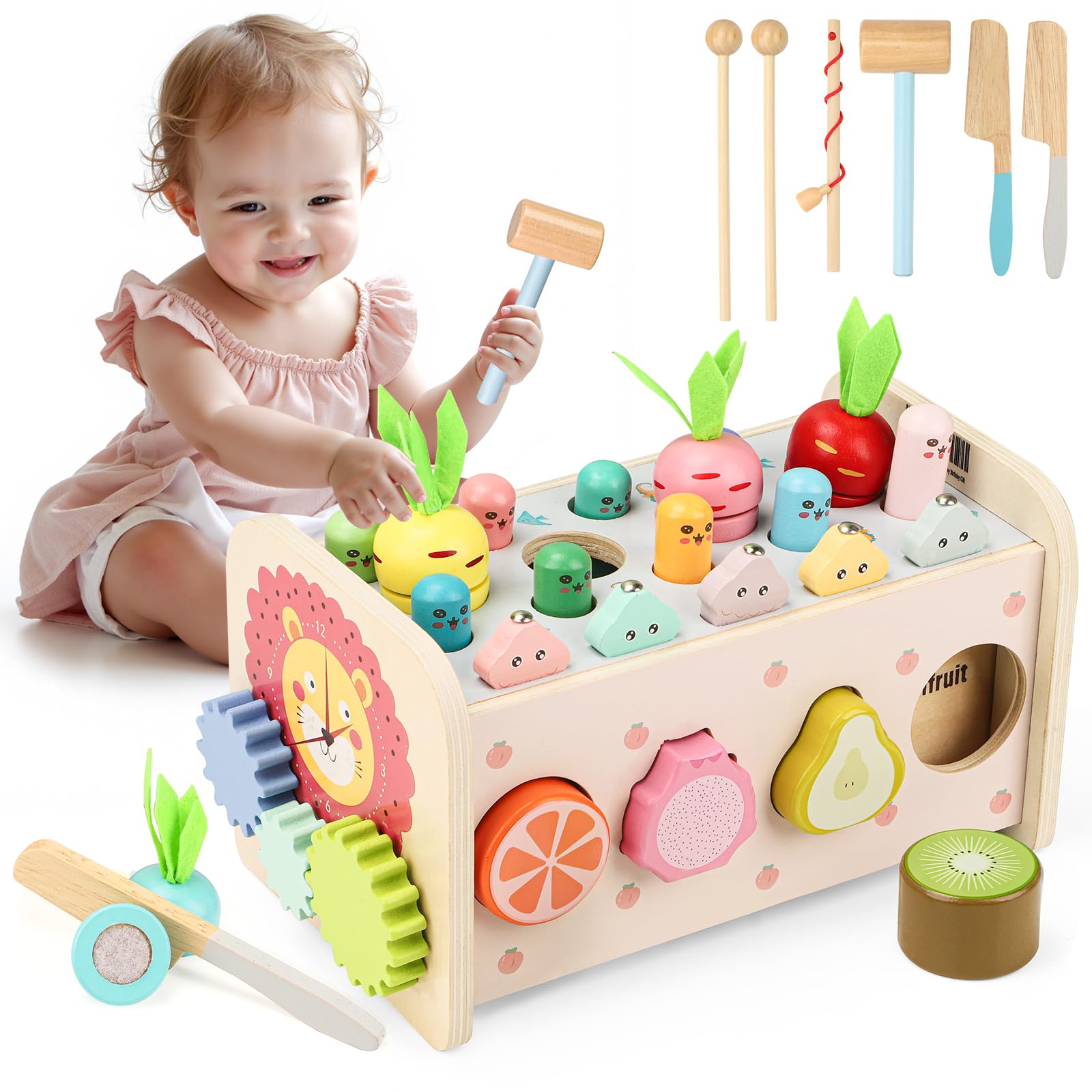 Giochi Montessori Bambini 1 Anno, 9 in 1 Cubo Multiattivita Legno Bambi Giocattoli Educativi Interattivi con Strumenti Xilofono, Acchiappa La Talpa, Gioco Pesca & Frutta, Regalo Compleanno Pasqua