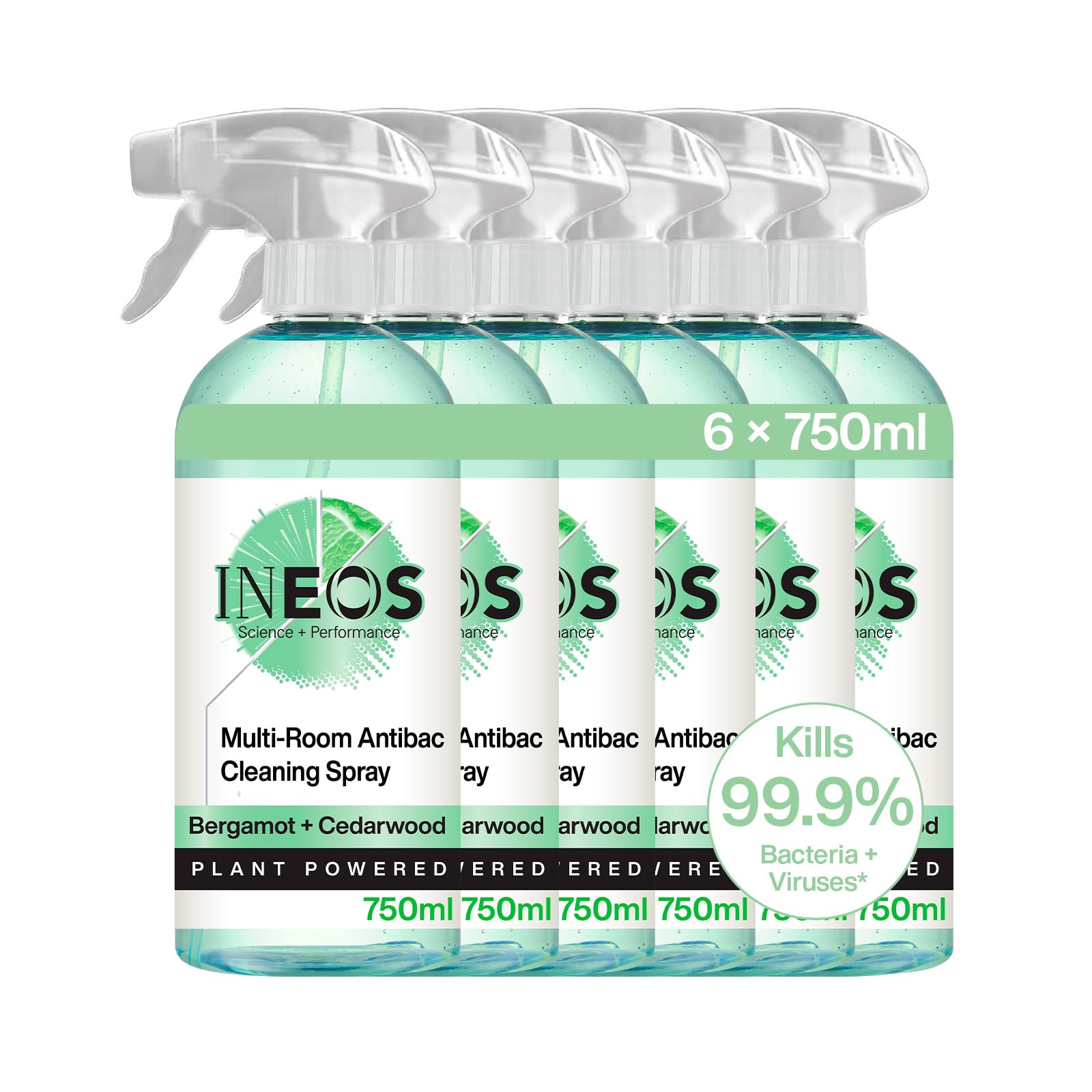 INEOS Next-Gen Cleaning Antibac Spray, 4.5L (750ml x 6), Multi-Room, Plant Powered, Limescale + Grease Remover, Kills 99.9% of Bacteria + Viruses, Bergamot + Cedarwood, Packaging May Vary