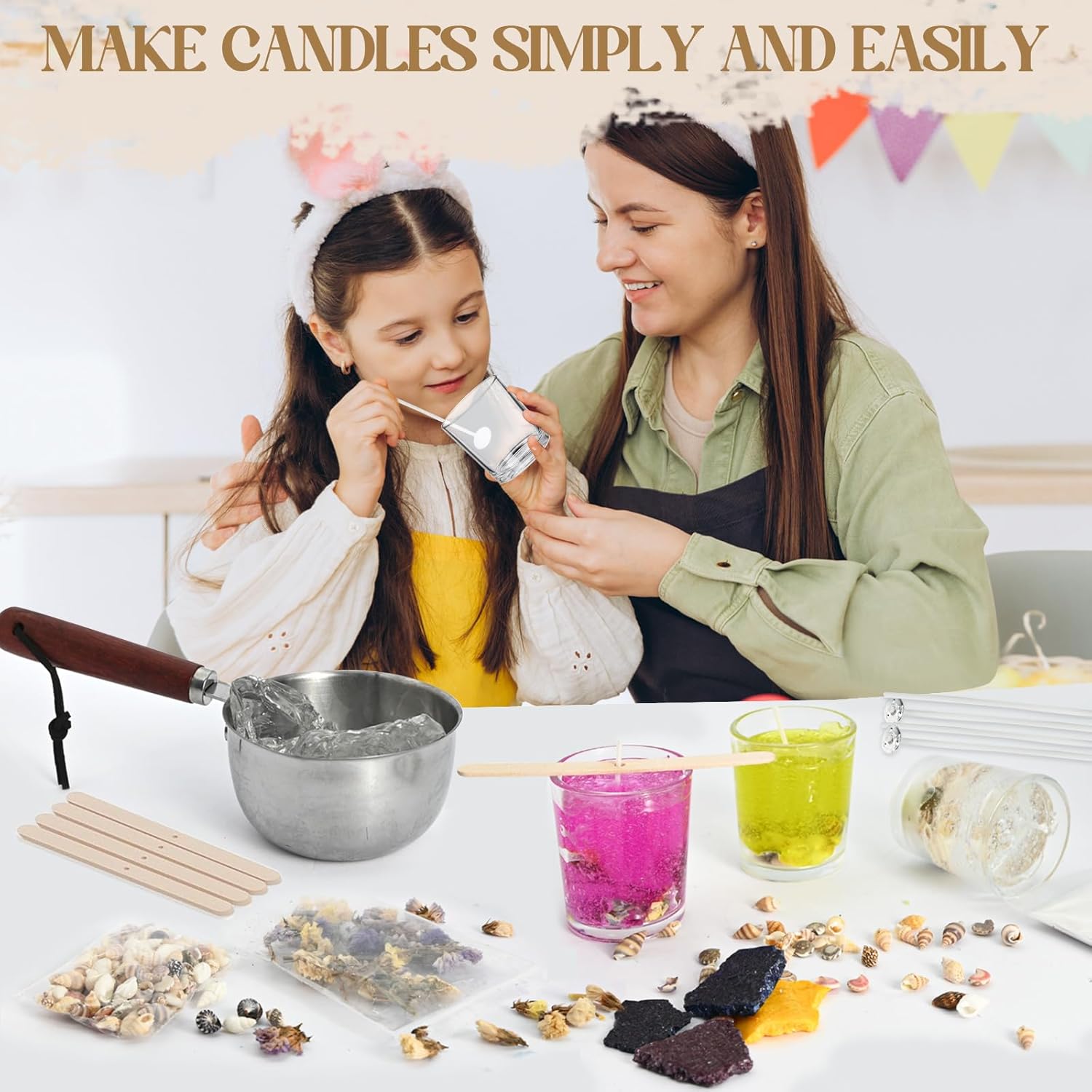 Jcoos Jelly Candle Making Kit, DIY Jelly Wax Melts, Candle Making Kit for Adults, 1.5 lb Gel Wax for Candle Making, Candle Wick, Dried Flowers, Conch, Sand, Dye, Crafting Valentine's Day Gift