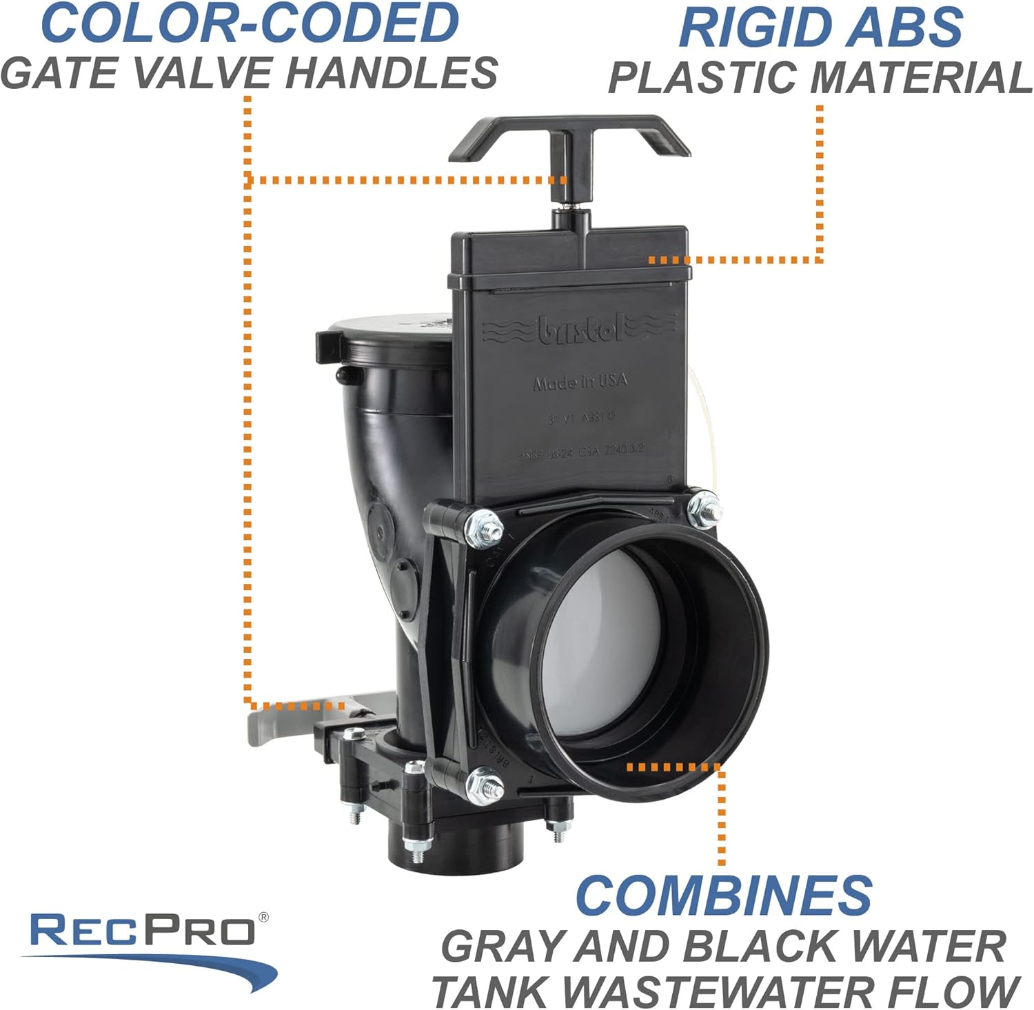 RecPro RV Waste Valve Dual Heel Elbow 3" Hub x 1-1/2" Hub