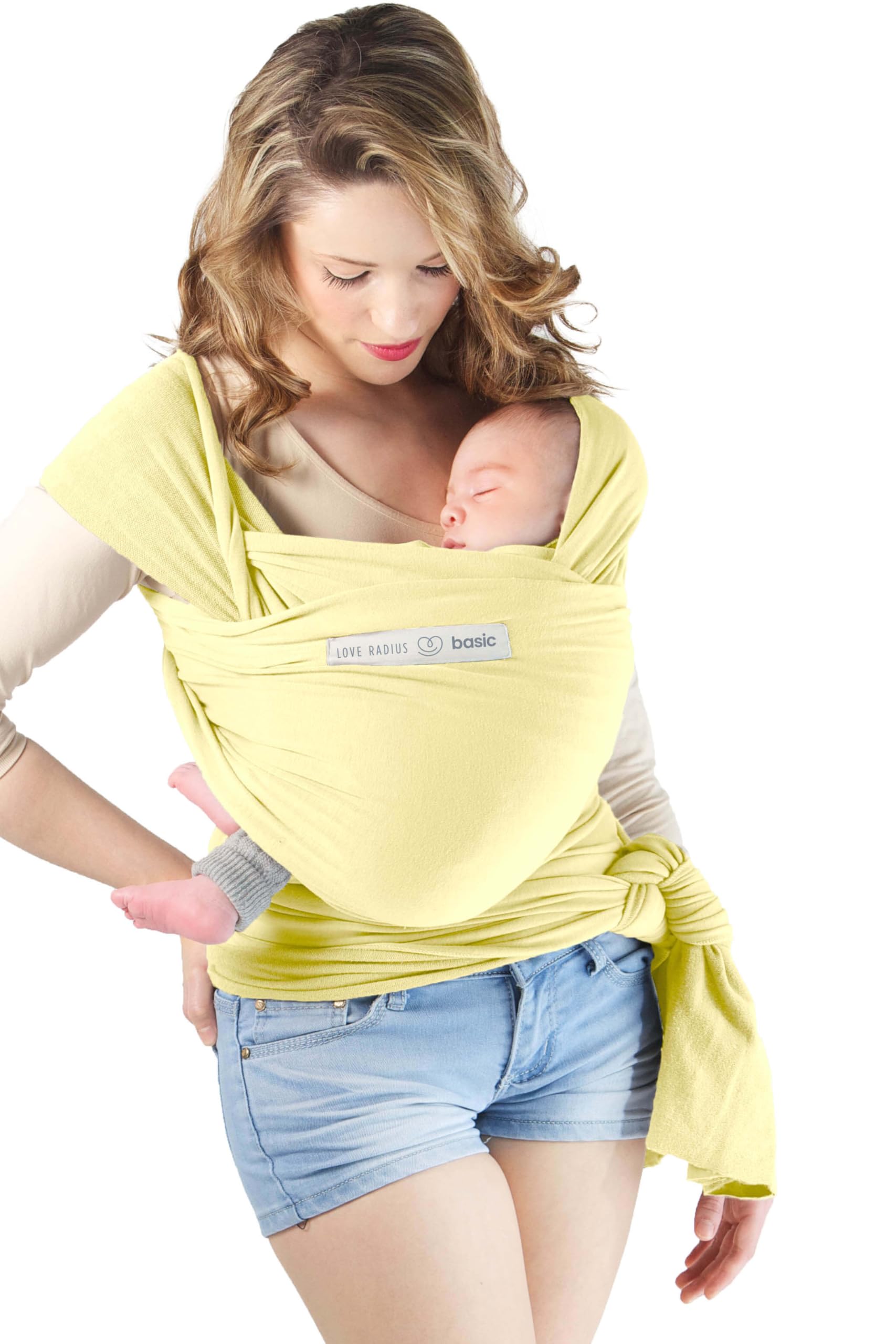 Love Radius Basic Bio-Baumwolle – Geburt bis 9 kg – Tragetuch dehnbar – einfache Einstellung 1 Knoten vorher zum An- und Aussteigen des Babys – Bauchtrage – Babytrage ohne Hände – Perle