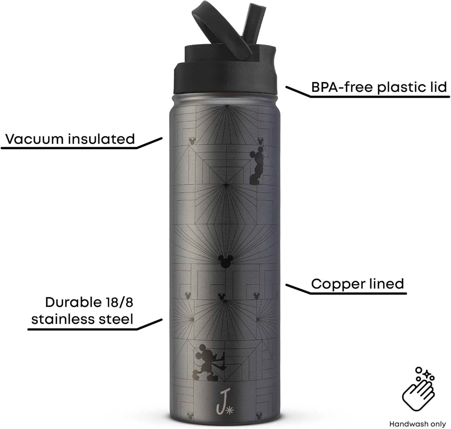 JoyJolt Disney MonoMouse Stainless Steel Water Bottle with Flip Straw Lid, 22 oz Vacuum Insulated Water Bottle, BPA-Free Tumbler ft Mickey Mouse | Black