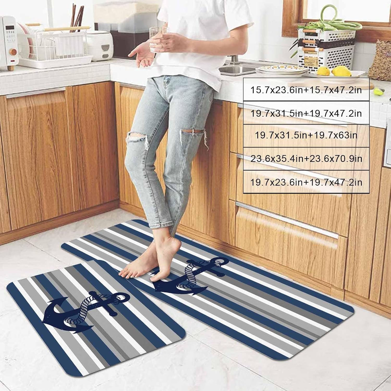 Nautical Anchor Kitchen Mats Set of 2 Navy Blue Grey Stripe Modern Simplistic Striped Non Slip Mat Washable Floor Rug for Kitchen Sink Floor Laundry, 19.7"x31.5"+19.7"x47.2"