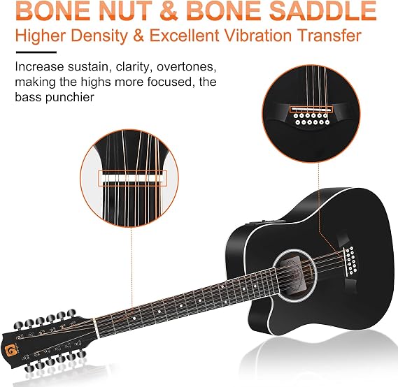 Vangoa LEFT HANDED 12 String Guitar Acoustic electric Cutaway 42 Inch Full Size Dreadnought Spruce Top Sapele Body for Beginners Teens Adults, Black, Matte