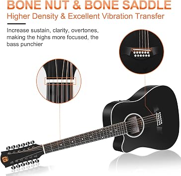 Vangoa LEFT HANDED 12 String Guitar Acoustic electric Cutaway 42 Inch Full Size Dreadnought Spruce Top Sapele Body for Beginners Teens Adults, Black, Matte
