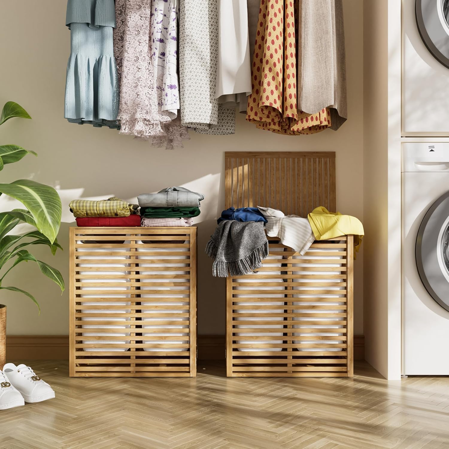 Laundry Hamper with Lid, Bamboo Laundry Basket with 2-Section Removable Liner Bag, Foldable Clothes Hamper for Laundry Room, Bathroom, Bedroom