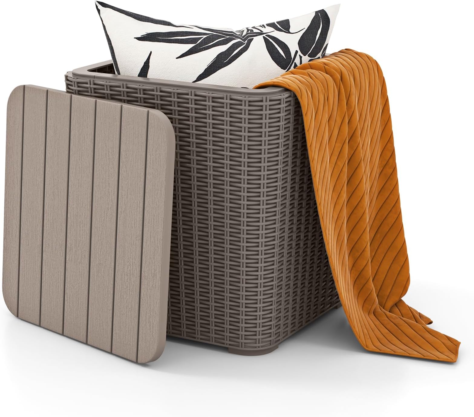 11.5 Gallon Water-proof Deck Box, Outdoor Patio Storage Box w/Removable Lid &, Faux Rattan Storage Container Side Table, All Weather Patio Furniture Extra Seat for Poolside (Brown)