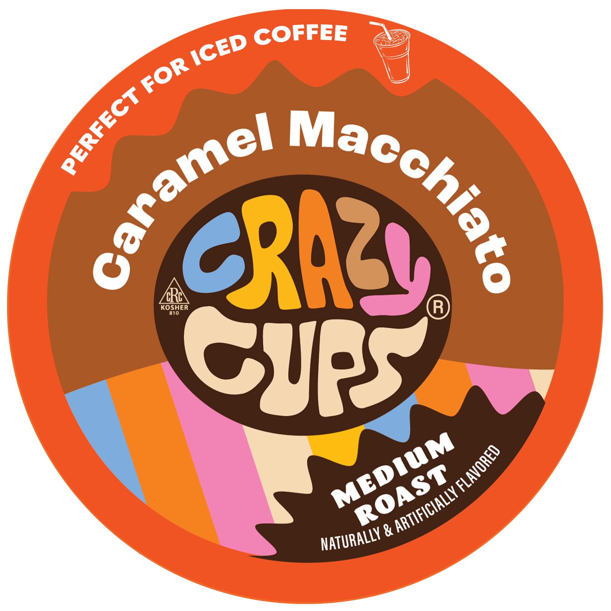 Crazy Cups Café aromatizado para máquinas Keurig K-Cups, caramelo Macchiato de caramelo caliente o helado, tostado medio en cápsulas reciclables, color marrón (22 unidades)