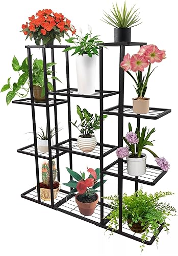 Miniatura 2 de Soporte grande de metal para plantas de 4 niveles y 11 macetas para interiores y exteriores, estante para macetas, color gris carbón