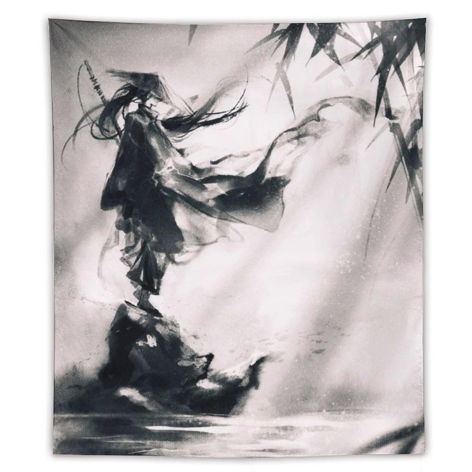 Amazon.co.jp: 白黒の笹剣士タペストリー 静かな水墨画 おしゃれな