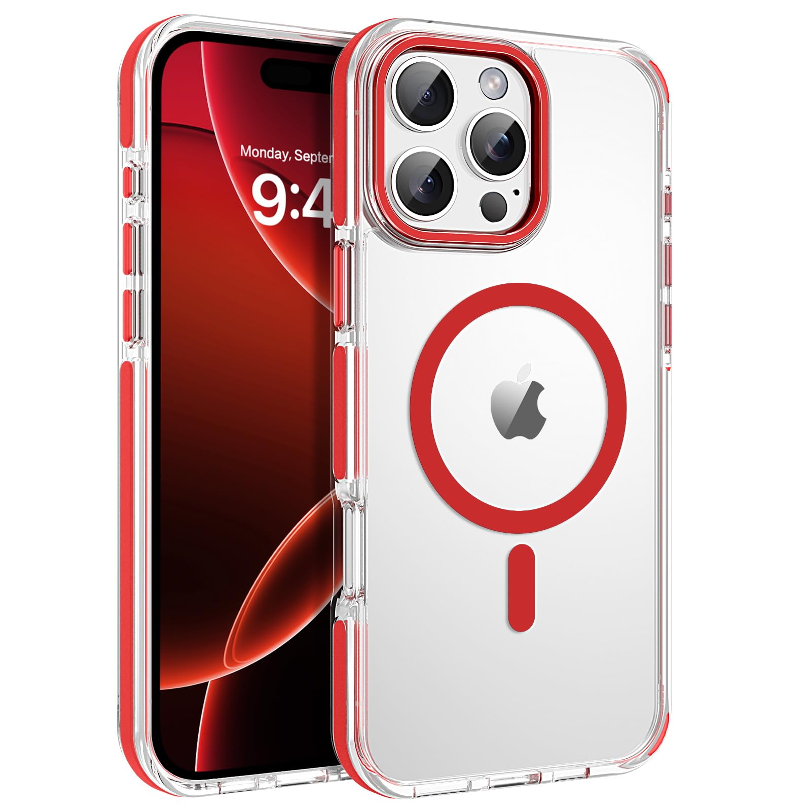VENINGO iPhone 16 Pro Max Case, Magnetic Compatible with MagSafe Transparent Anti-Yellow Anti-Slip Edge Design Slim Thin Shockproof Protective Phone Cover for iPhone 16 Pro Max 6.9" 2024, Clear Red
