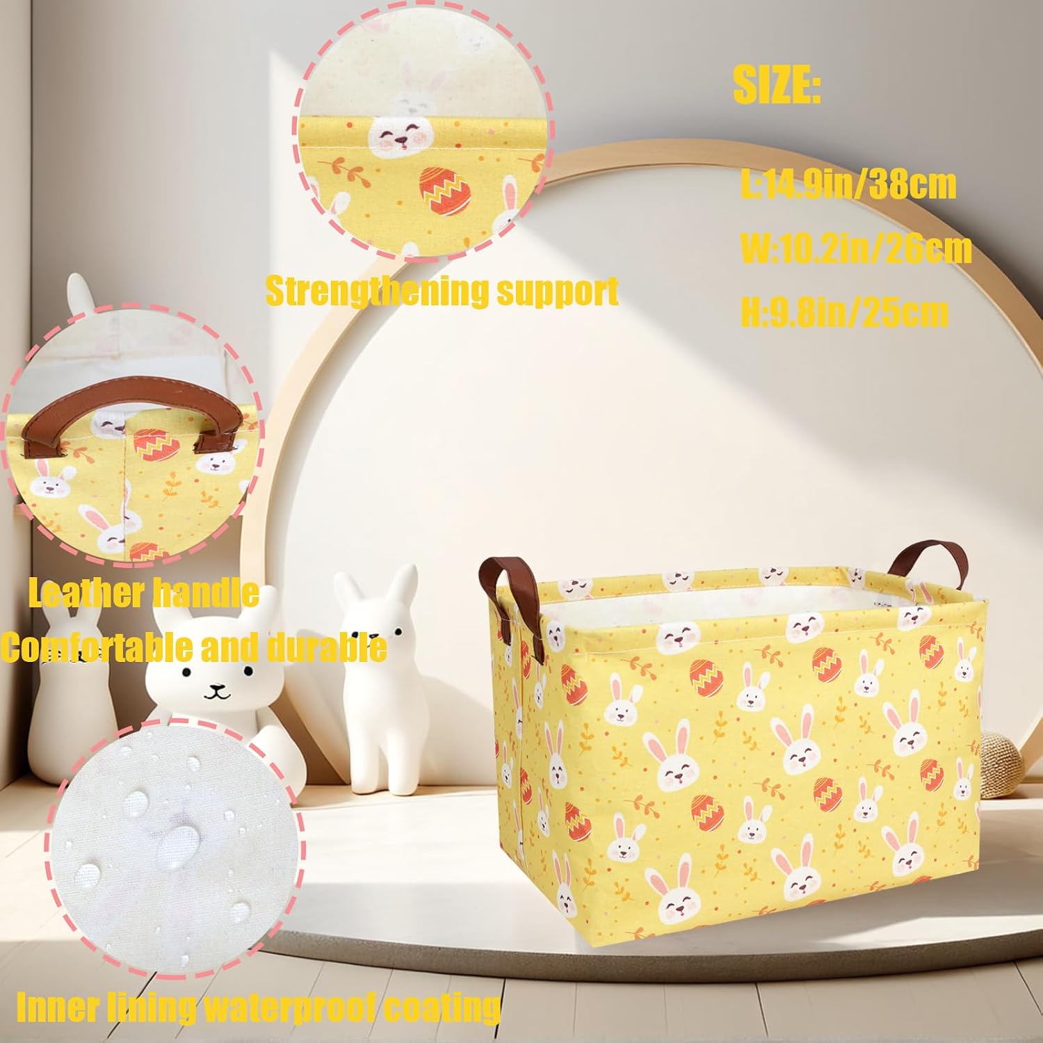 Large Rectangular Cute Kid Easter Basket Empty Bunny Eggs Easter Basket Gift Spring Room Storage Organizer Décor (Rabbit Egg Yellow Background) image 4