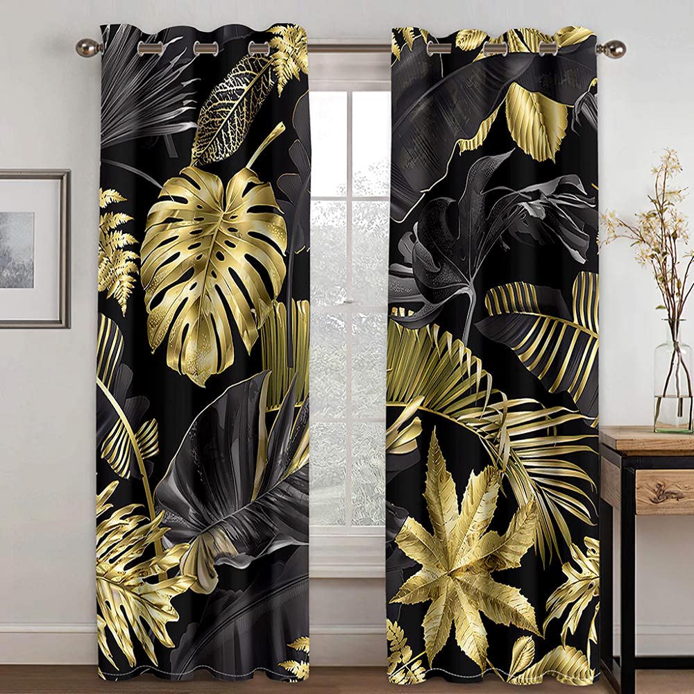 Rideau Opaque Plante Or Art créativité L 280 x H 260 cm 3D Impression Salon Moderne Isolant Thermique Et ?Sonore Oeillets Polyester 2 Pièces pour Chambre Salle de Jeux
