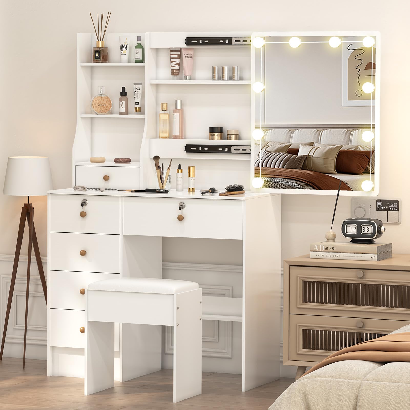 tojump Large Makeup Vanity with Lighted Mirror, Vanity Desk with 3 Color Lighting Modes, Adjustable Brightness, 5 Drawers Vanity Table with Cushioned Stool (Modern Vanity 05), White