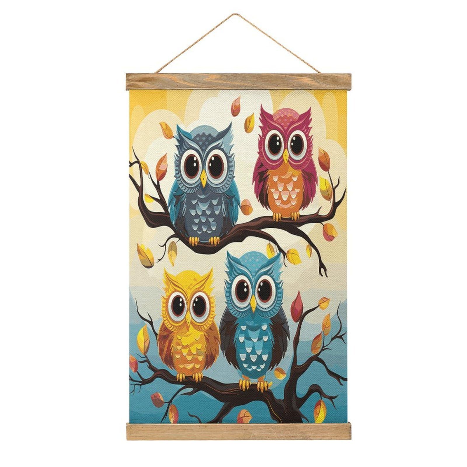 JTREHY Owls on Tree Branches Linen Hanging Painting Vintage Poster Wall Art Prints Personality Style Wall Hanging Poster for Living Room Office Bedroom Decor Frame 13.2 X 20.47 Inch