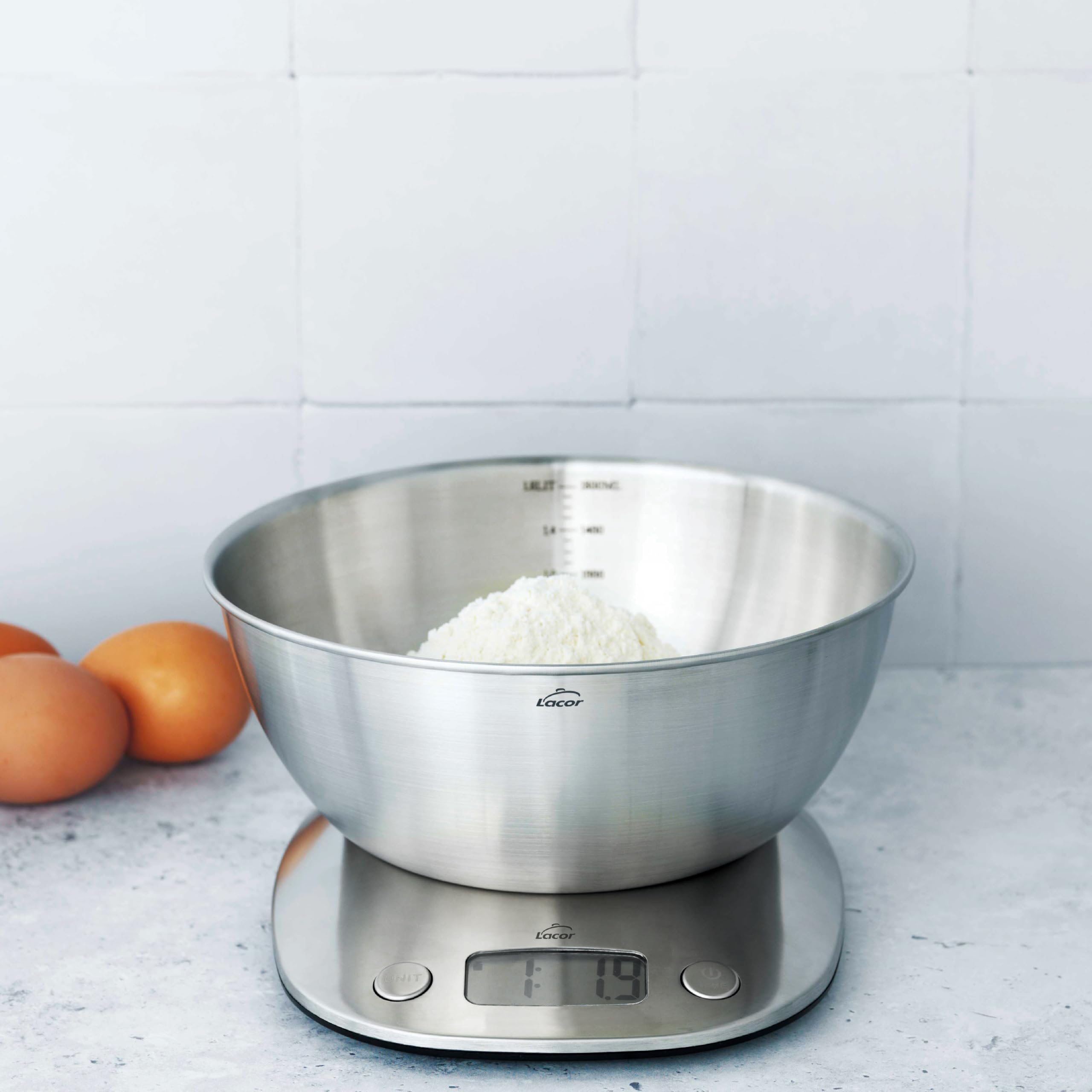 Lacor - 61727 - Bilancia Digitale, Alta Precisione, Ciotola Estraibile, Acciaio Inox, Display LCD, Funzione TARA, 1.8 L