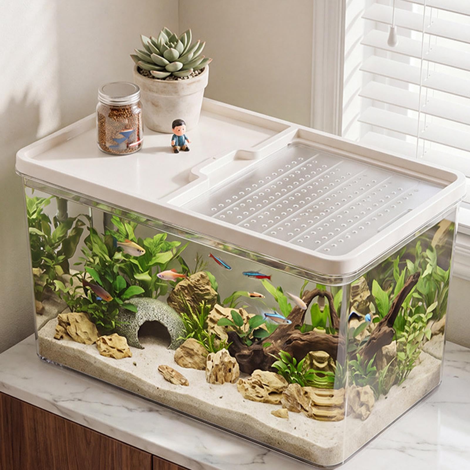 Terrarium Żółwi Z Pokrywą Z Rampą Terrarium Wygrzewcze Dla Gadów I Małych | Wodne Siedlisko Zbiornik Dla Żółwi Dla Węża Gekona Lamparciego Żaby Kraba Krewetki Do Domu Biura Wewnątrz I