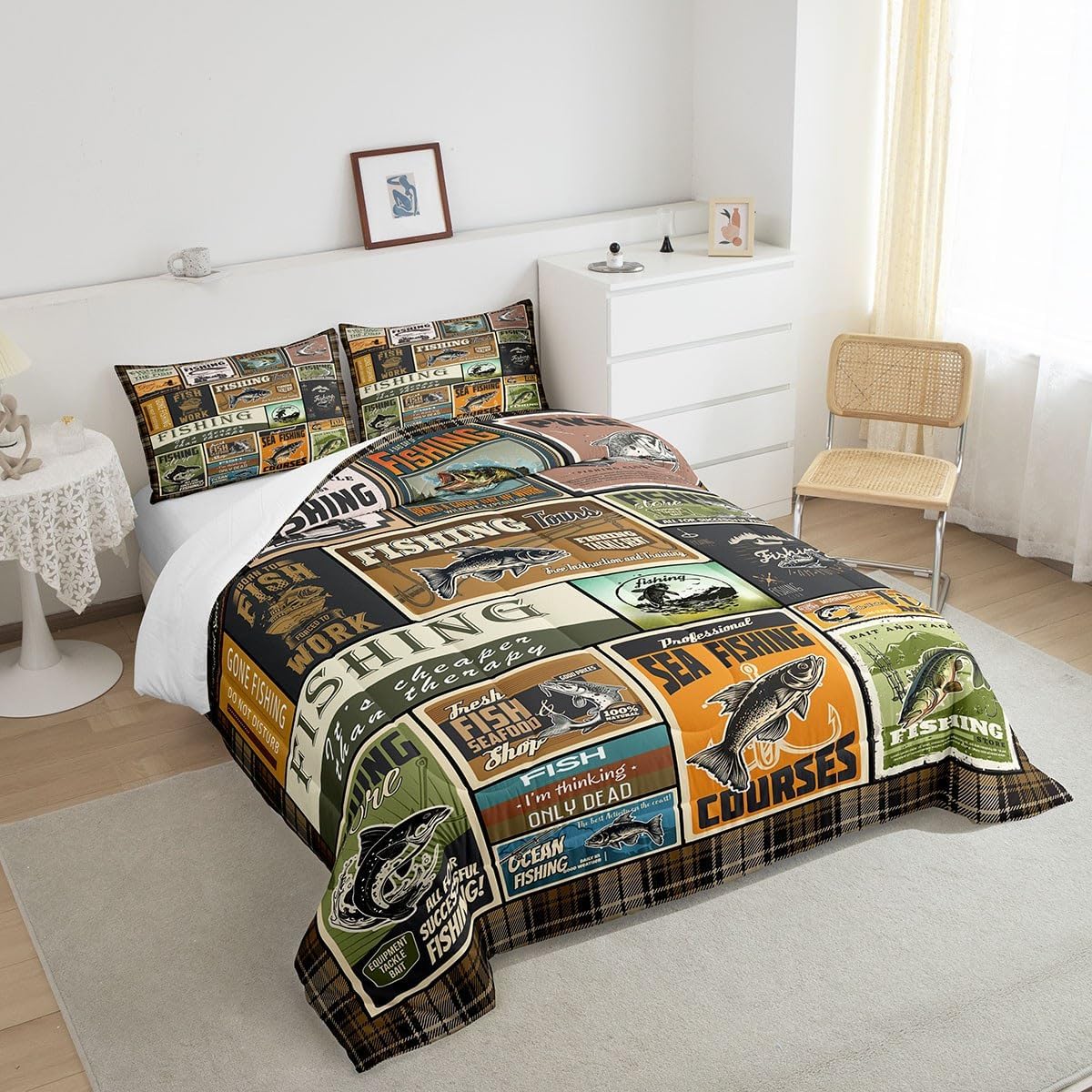 jejeloiu Fish Comforter Vintage Fish Stamp Pattern Comforter Set for Boys Girls Children Fishing and Hunting Brown Green Bedding Set Room Decor Queen Size with 2 Pillow Case