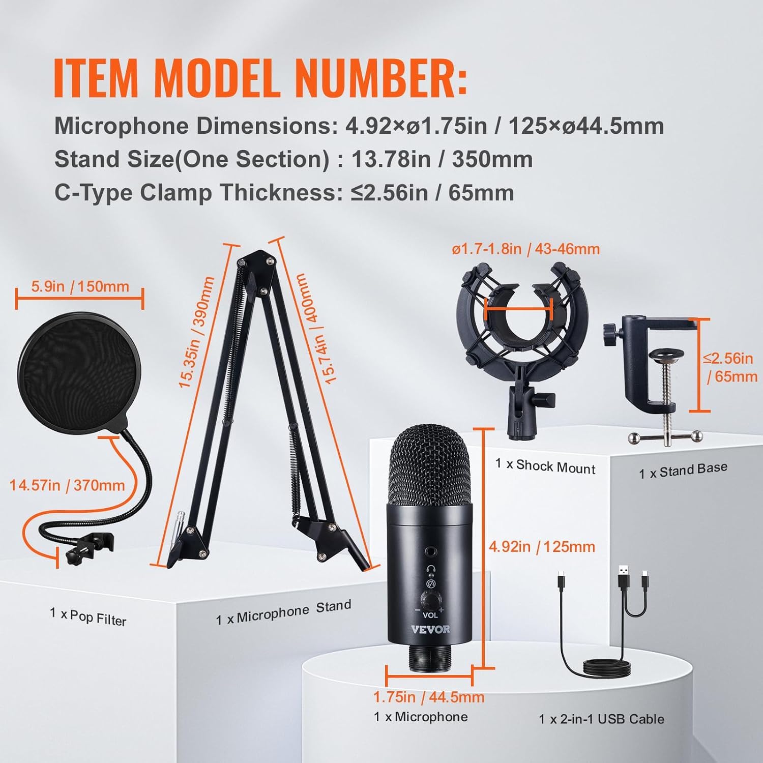 Micrófono USB, 192 kHz/24 bits, kit de micrófono de condensador profesional, con soporte de brazo de brazo, filtro pop, montaje de choque, botón de silencio, conector para auriculares, para grabación