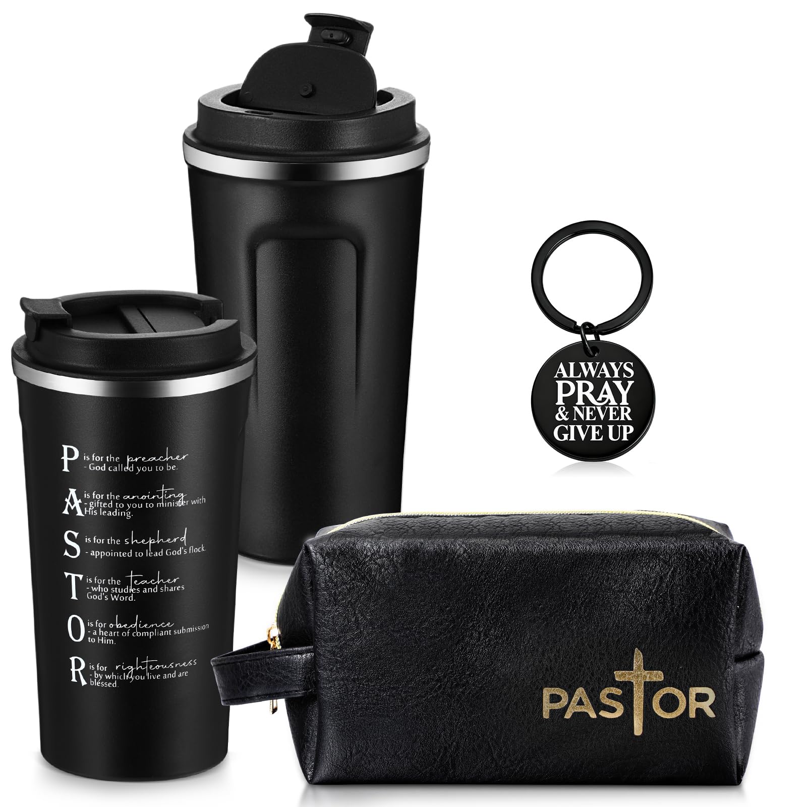 Roshtia 3 Pcs Pastor Appreciation Gift for Men Christian Ordination Gift Ministers Religious Inspirational 17oz Stainless Steel Tumbler with Lid Leather Toiletry Bag Keychain for Fathers Dad Husband