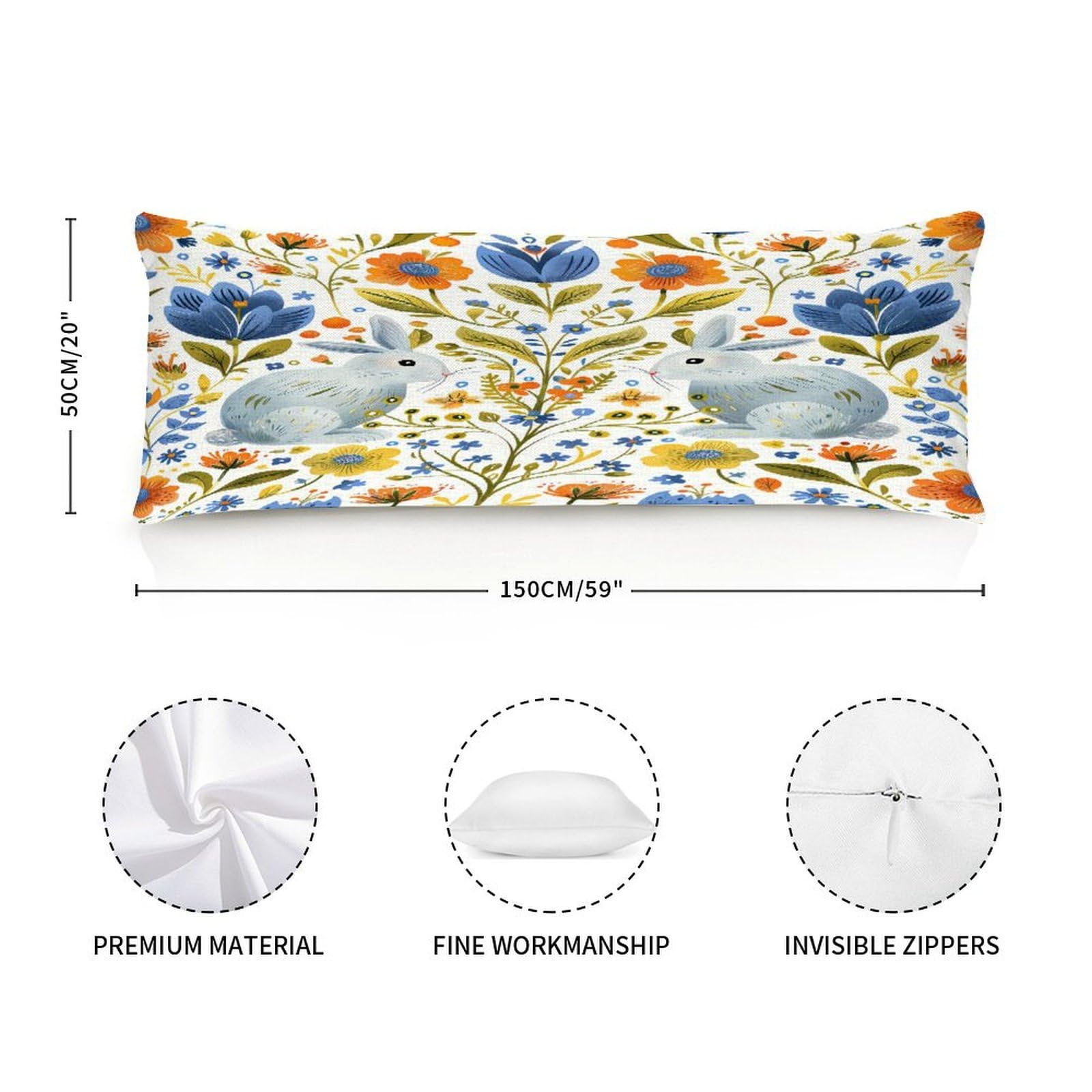 Retro Rabbits and Floral Long Body Pillow Case Cover for Pregnant Women Adults 20x59in,Chinoiserie Asian Style Machine Washable Soft Bed Long Body Pillow Cover with Zipper