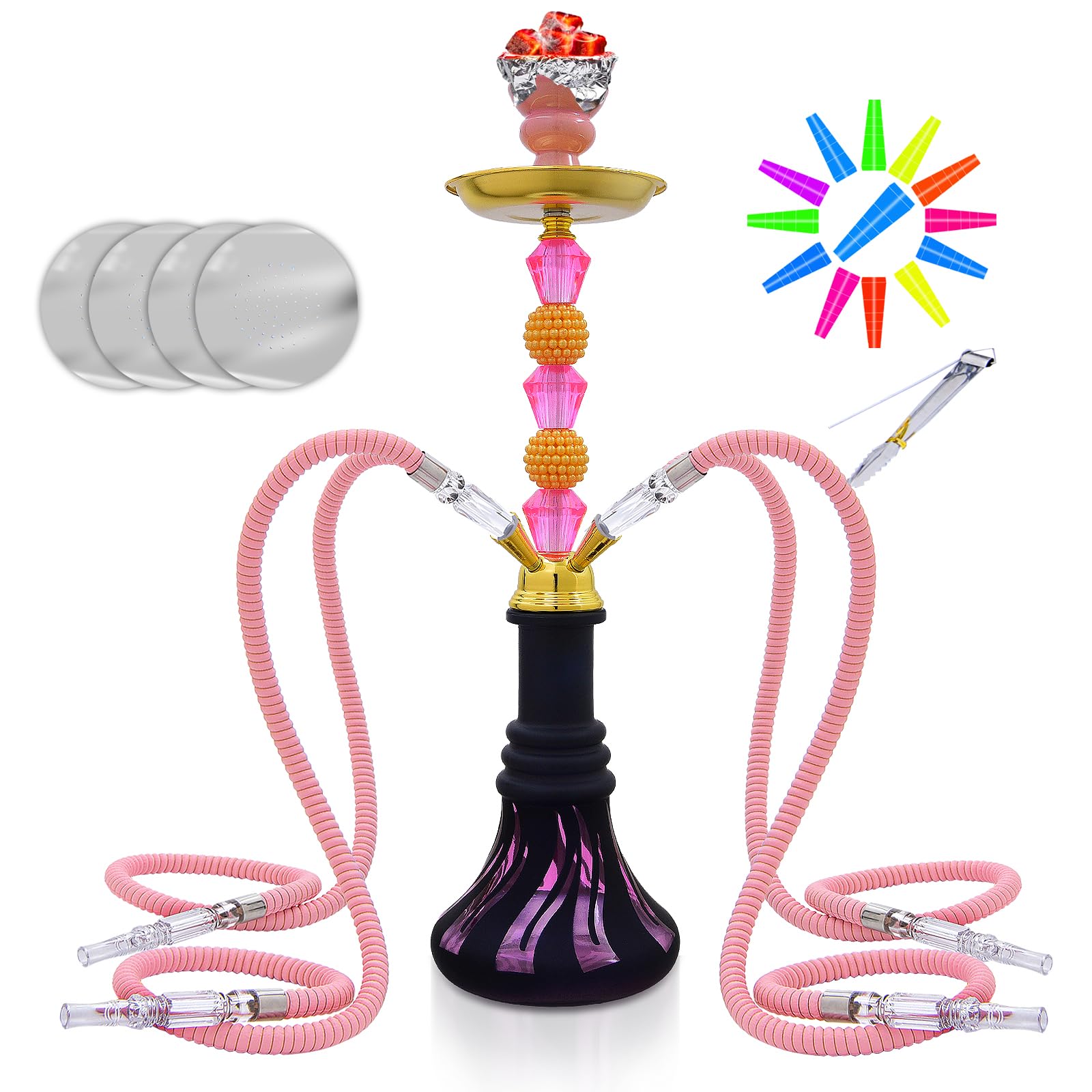 21 Hookah Set with Everything Premium Hookah Shisha set- Glass Vase 4 Hookah Hose Ceramic Bowl 50 Hookah