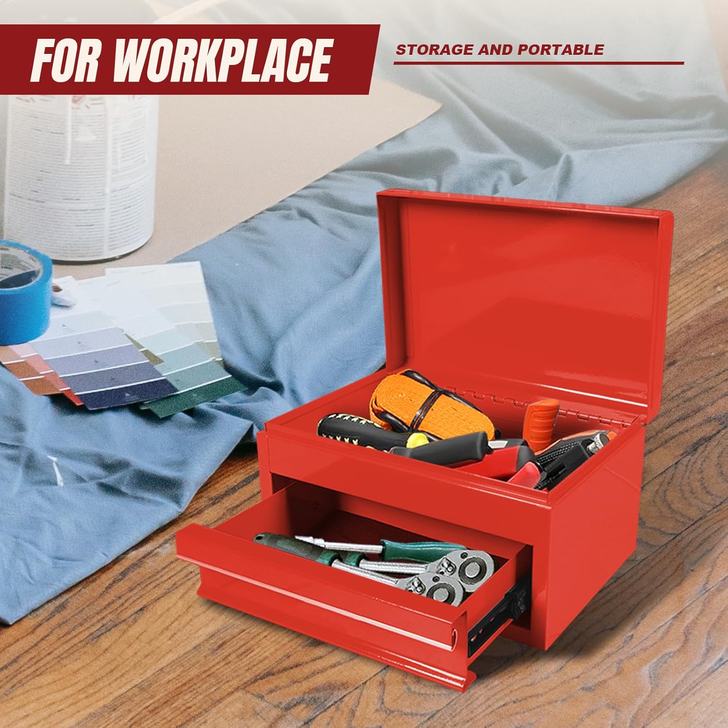 Torin APBT701RB 10" Mini Portable Steel Tool Box with drawer,Small Metal Tool Chest for Home,Garage or Workbench,Red