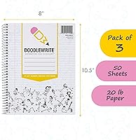 Vista 3 de DoodleWrite - Cuaderno espiral de alambre con rayas anchas, paquete de 3, incluye instrucciones de Doodle para mantener el enfoque, despertar