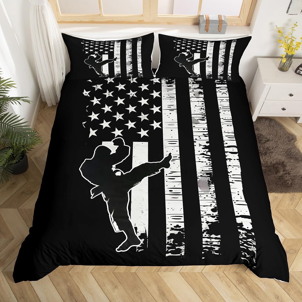 Manfei Jiujitsu Duvet Cover Set Full Size, American Flag Print Bedding Set 3pcs, Japanese Judo Sports Theme Quilt Cover, Kids Boys Teens Room Decor, Soft and Breathable, 2 Pillowcases, No Comforter