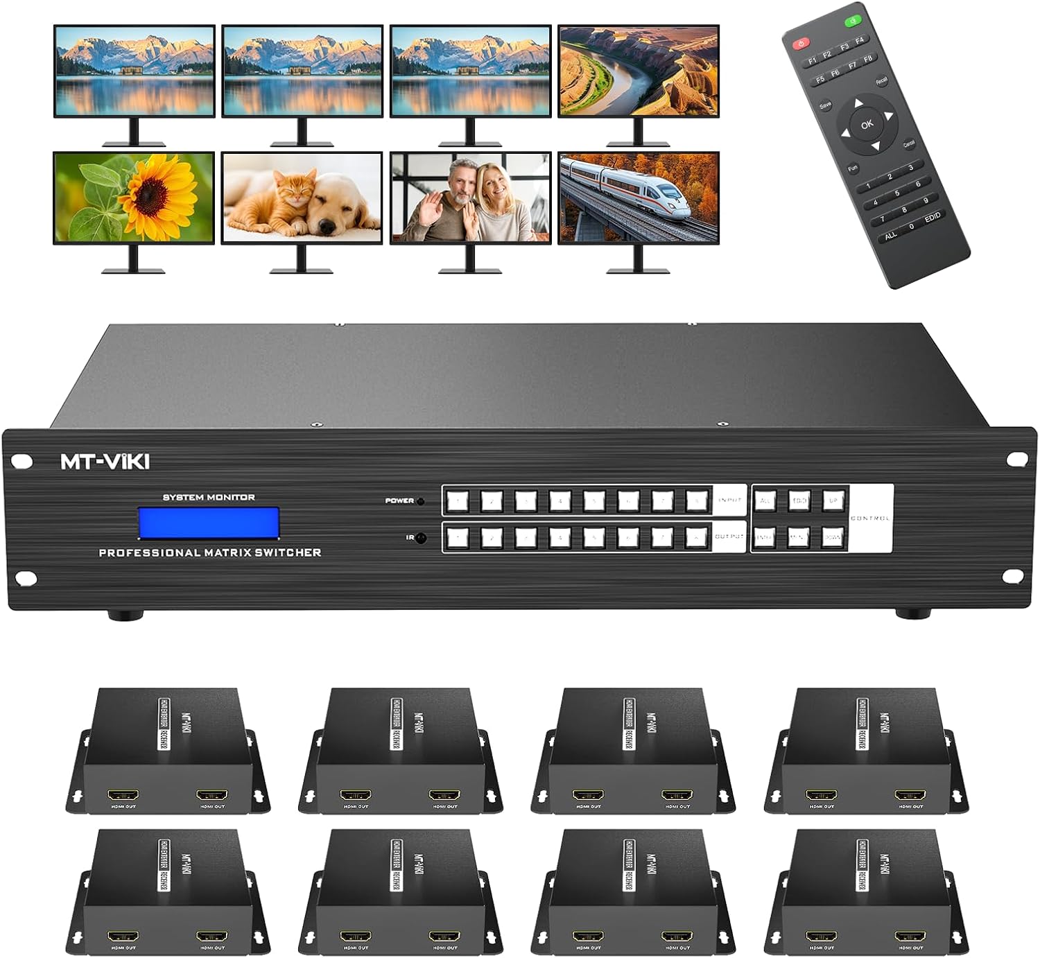 MT-VIKI 4K 4x4 HDMI Extender Matrix 4 in 12 Out - UltraHD 4K @ 60Hz 4:4:4 Over Single CAT5e/6/7 Cable with IR Control, RS-232, Up to 230 Ft, 4 Receivers Included