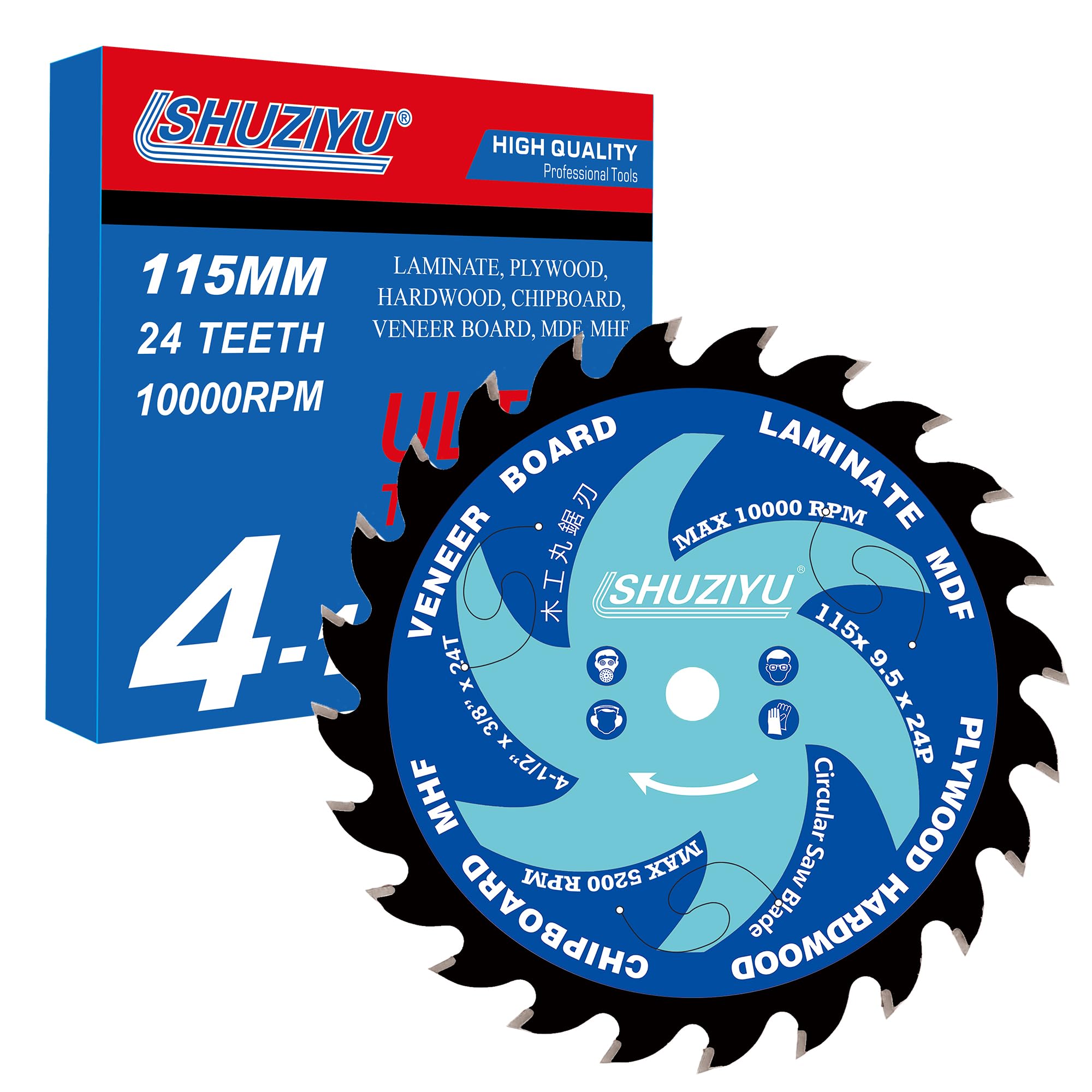 4-1/2" (115mm)-24T, Wood Working Circular Saw Blade, Arbor 3/8"(9.5mm), Use on all brand 9.5mm arbor Cordless Saw, For Laminate, Veneer Board, Plywood, Hard wood, MDF and HDF Cutting
