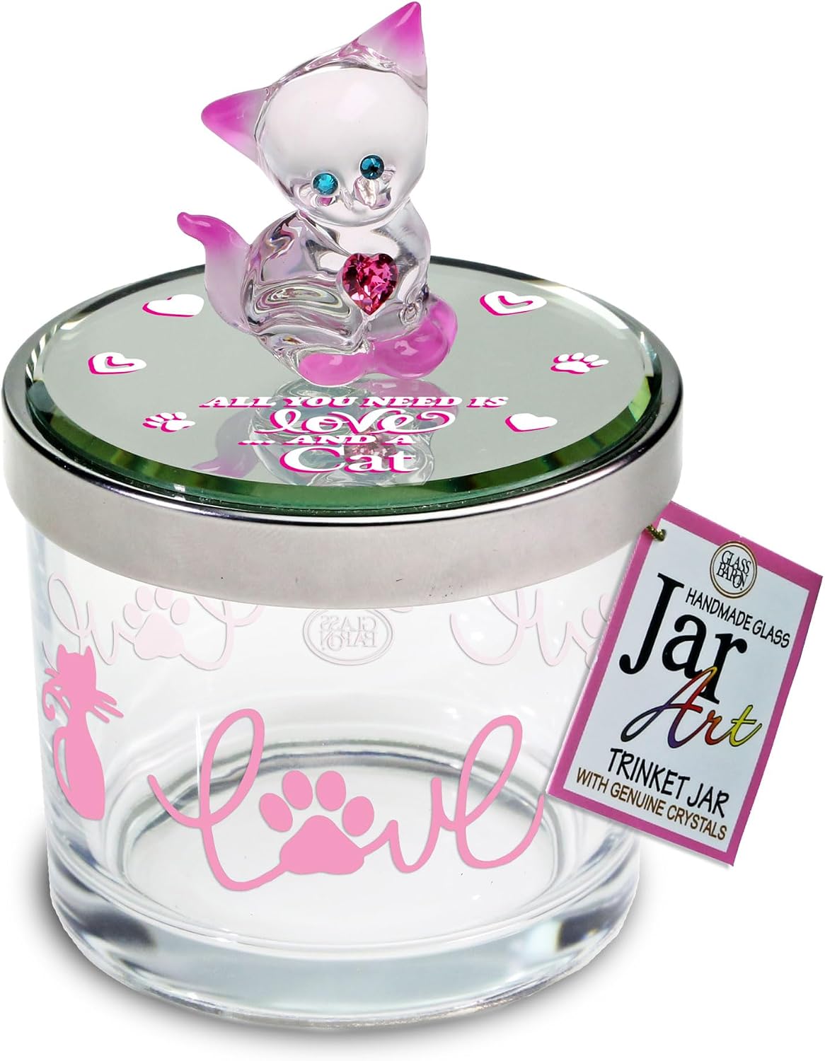 Glass Baron Trinket Jar, All You Need is Love & a Cat – Charming Decorative Candy & Trinket Jar with Lid, Airbrush Colored Glass & Austrian Crystal Accents, 4.25 inches Tall x 3 inches Across