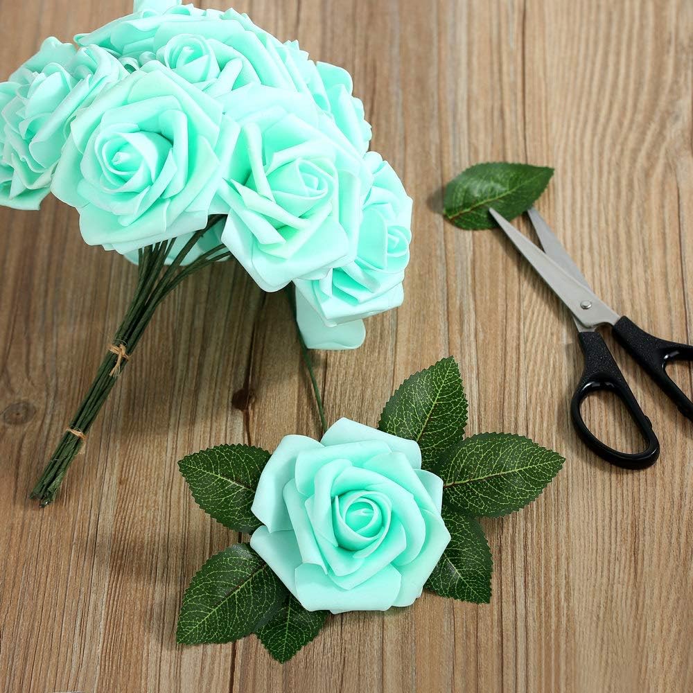 Febou Artificial Flowers, 50 pcs Real Touch Artificial Foam Roses Decoration DIY for Wedding Bridesmaid Bridal Bouquets Centerpieces, Party Decoration, Home Office Decor (Standard Type, Mint Green)