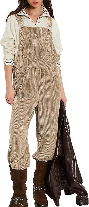 Songling Women Casual Corduroy Overalls Adjustable Straps Baggy Pants Wide Leg Bib Romper Jumpsuits with Pockets