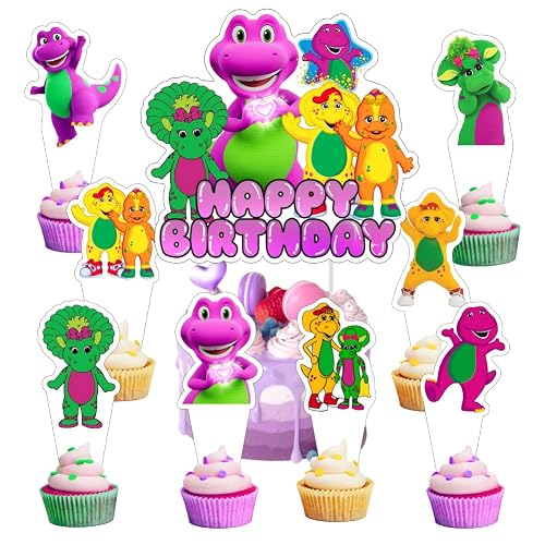 25pcs Barney Cake Decorations with 1pcs Cake Topper, 24pcs Cupcake Toppers for The Barney Birthday Party Supplies
