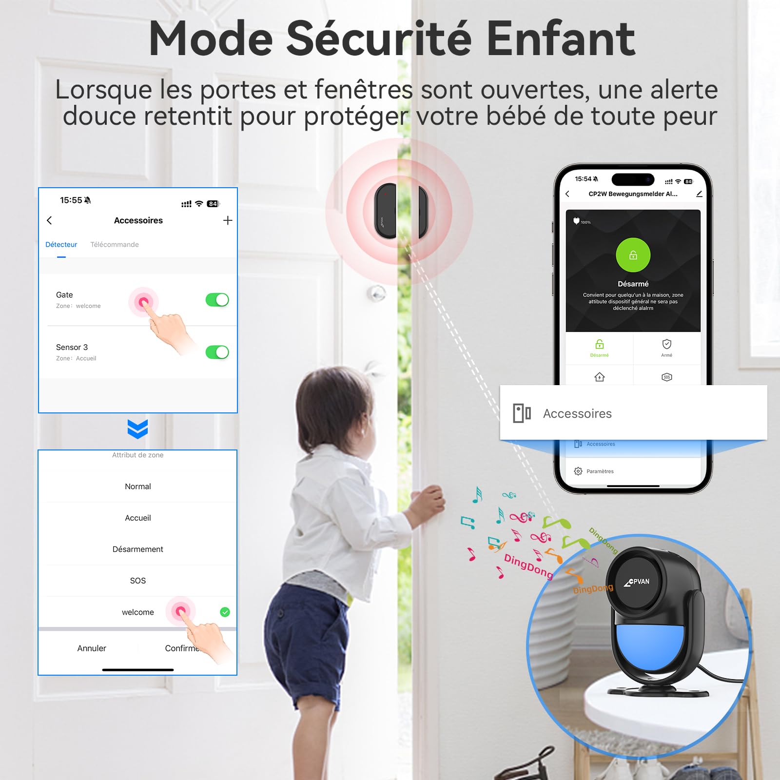 CPVAN Alarme Maison sans Fil, 2.4GHz WiFi PIR Détecteur de Mouvement avec Alertes APP, PIR Alarme Hôte + 2 Télécommandes + 4 Capteurs de Porte/Fenêtre,Noir