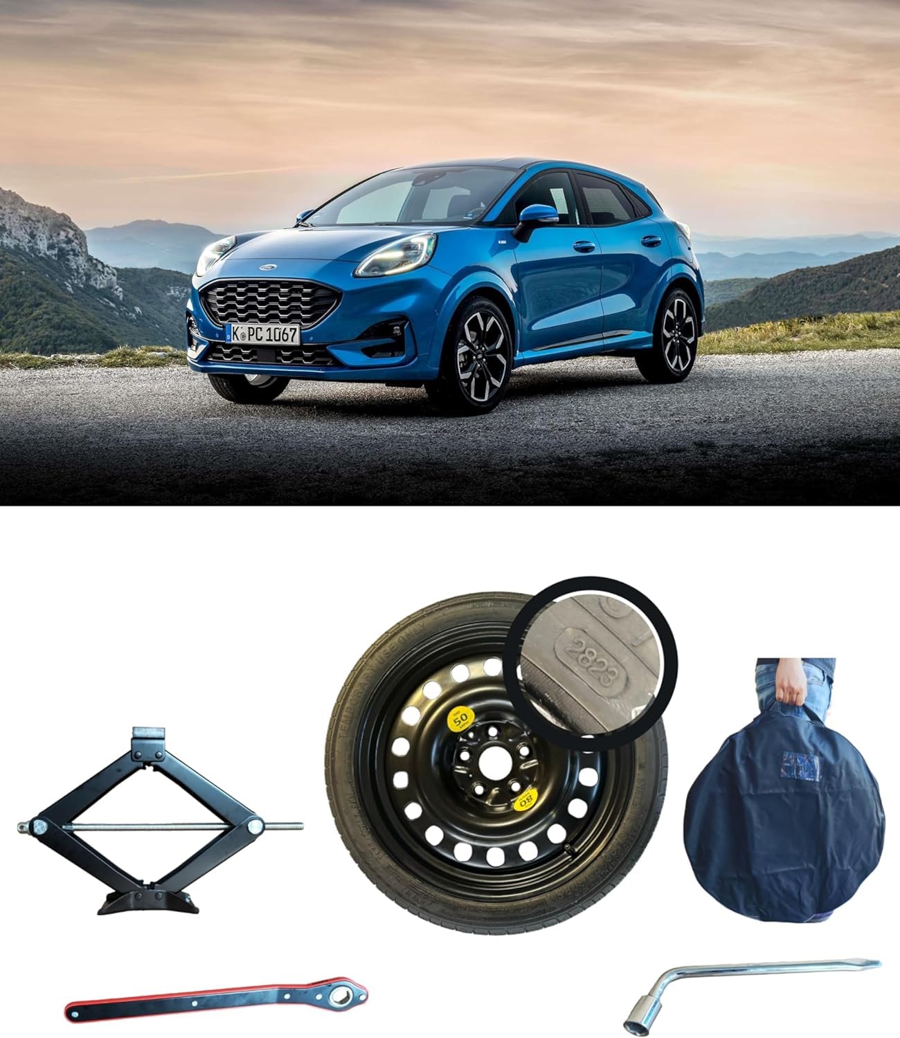 Notrad 17" kompatibel mit Ford Puma mit Wagenheber, Schlüssel und Tasche (Platzbewertung)