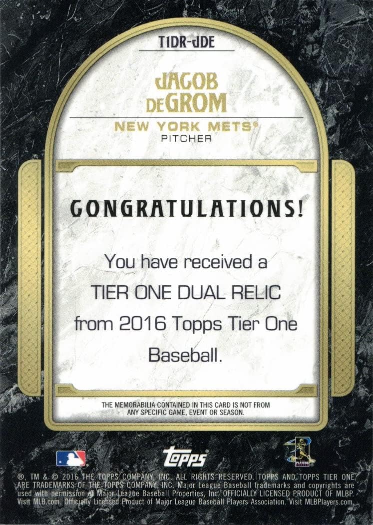 2016 Topps Tier One Dual Relics #T1DR-JDE Jacob deGrom Game Worn Mets Jersey Baseball Card - Only 50 made!