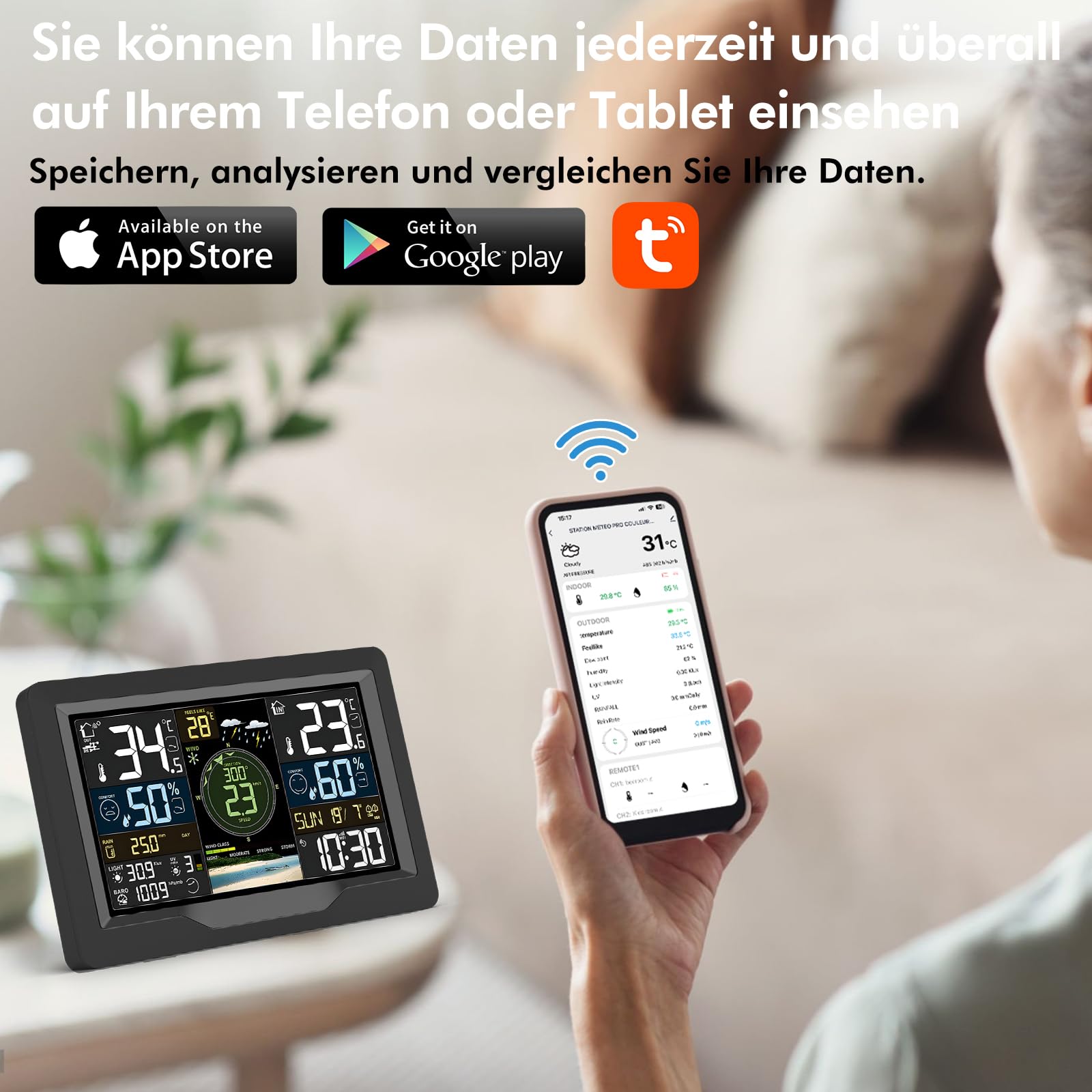 jely Wlan Wetterstation mit APP Wifi Wetterstation Funk mit Außensensor Thermometer Hygrometer Ausen Funkwetterstation mit Windmesser, Regenmesser, Temperatur, Luftfeuchtigkeit, Luftdruck, UV-Index