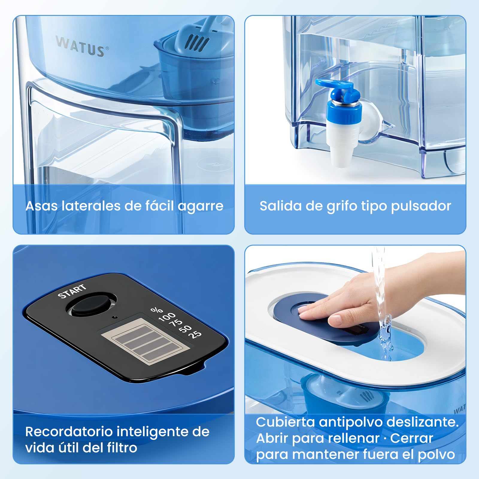 Dispensador de filtro de agua de 9 L, XXL dispensador de agua con filtro para frigorífico y encimera, jarra filtrante con grifo, incluye 1 cartucho de filtro, filtra impurezas, indicador