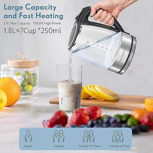 Miniatura 5 de Hervidor eléctrico MEGAWISE de 1500 W, 1,8 l de vidrio de borosilicato con luz LED, apagado automático y protección contra ebullición, hervidor