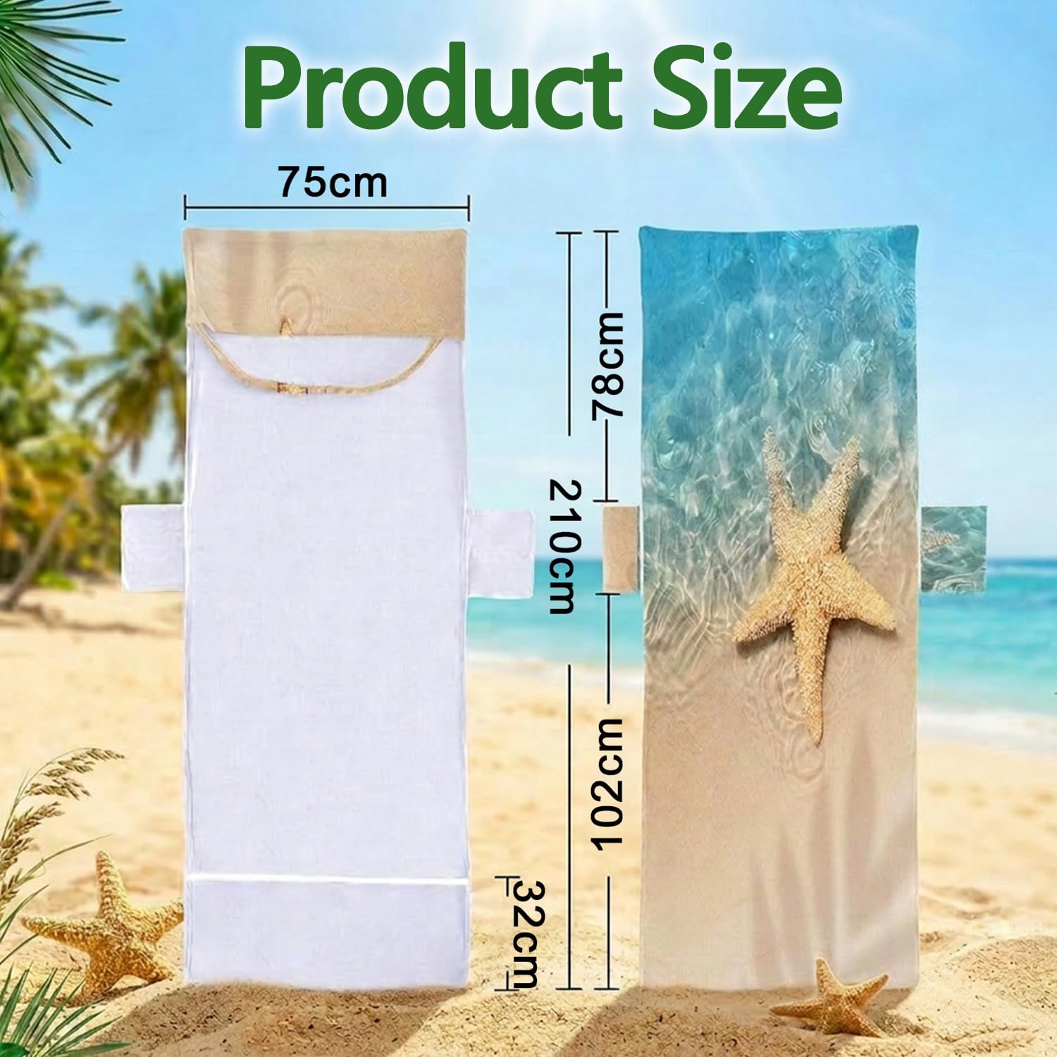 Surwin Telo Mare per Lettino, Stella Marina Microfibra Fodera per Sedia da Spiaggia con Tasche Laterali, Copri Lettino Mare per Asciugamano Piscina | 75x210cm, Verde