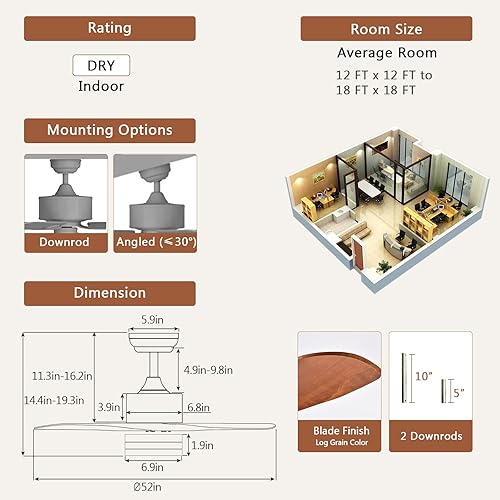 Miniatura 3 de Tangkula Ventilador de techo de 52 pulgadas con luz LED y control remoto, ventilador de techo interior para sala de estar, dormitorio, velocidad