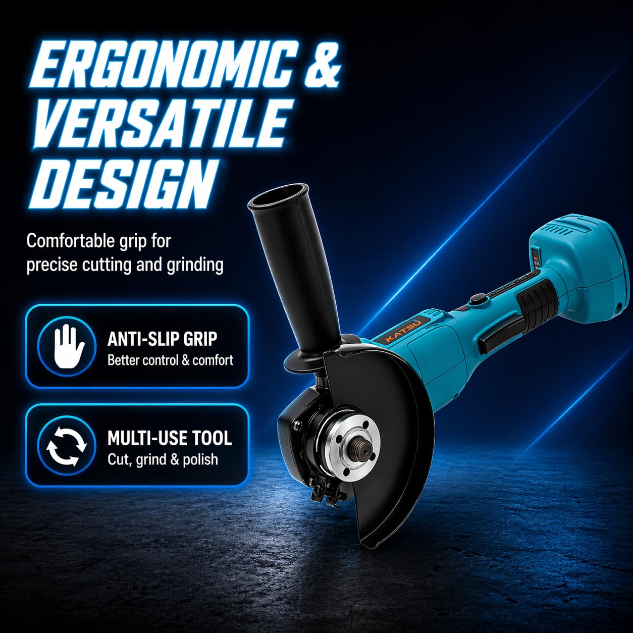 Amoladora Angular Inalámbrica Brushless 21V KATSU FIT-BAT, 115mm con Motor sin Escobillas para Cortar Pulir, 3 Velocidades, Baterías no Incluidas (Solo Máquina) 102606